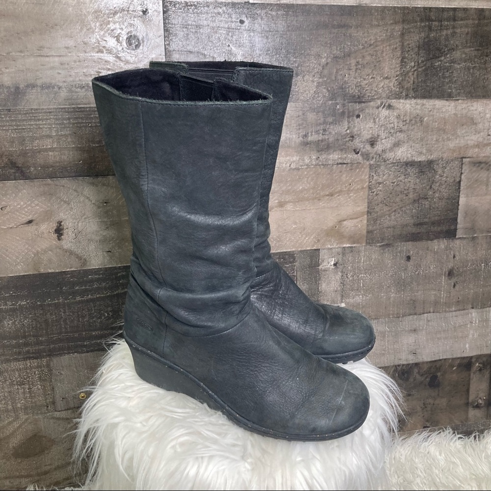 Keen Akita Mid Slouchy Midi Boot Black Suede Wedge Heel